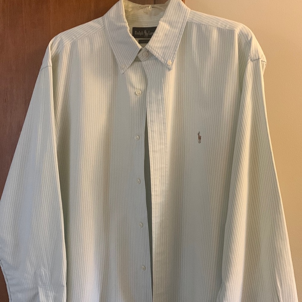 Men’s Ralph Lauren button down dress shirt, 16 neck, 34 sleeve, light green.
